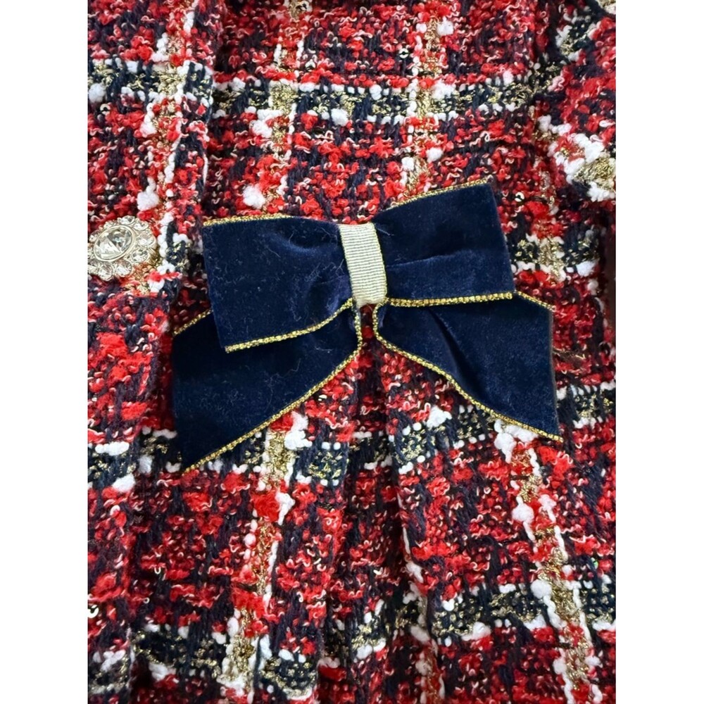 Blueberi Boulevard Red Plaid Tweed Dress Faux Fur Collar Bows 2T Holiday - Picture 8 of 11